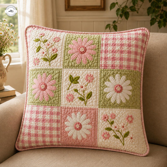 Pink Gingham Patchwork Quilted Pillow Cover LV46QLTPLC