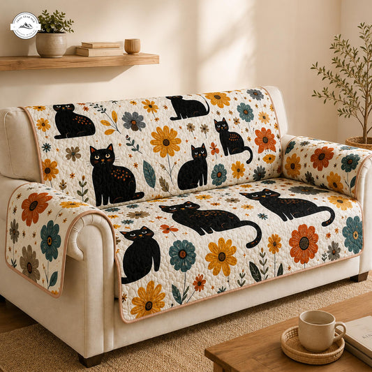 Floral Black Cat Patterned Quilted Seat Sofa LV74