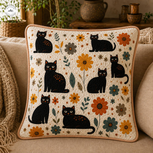 Floral Black Cat Patterned Quilted Pillow Cover LV74QLTPLC