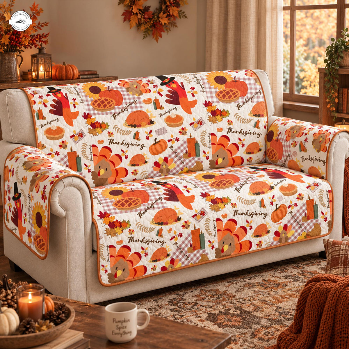 Thanksgiving Turkey & Pumpkin Quilted Seat Sofa LV117