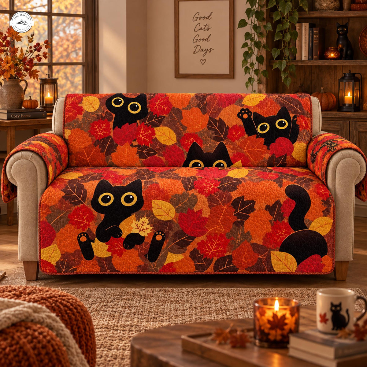 Black Cat Autumn Leaves Quilted Seat Sofa LV119