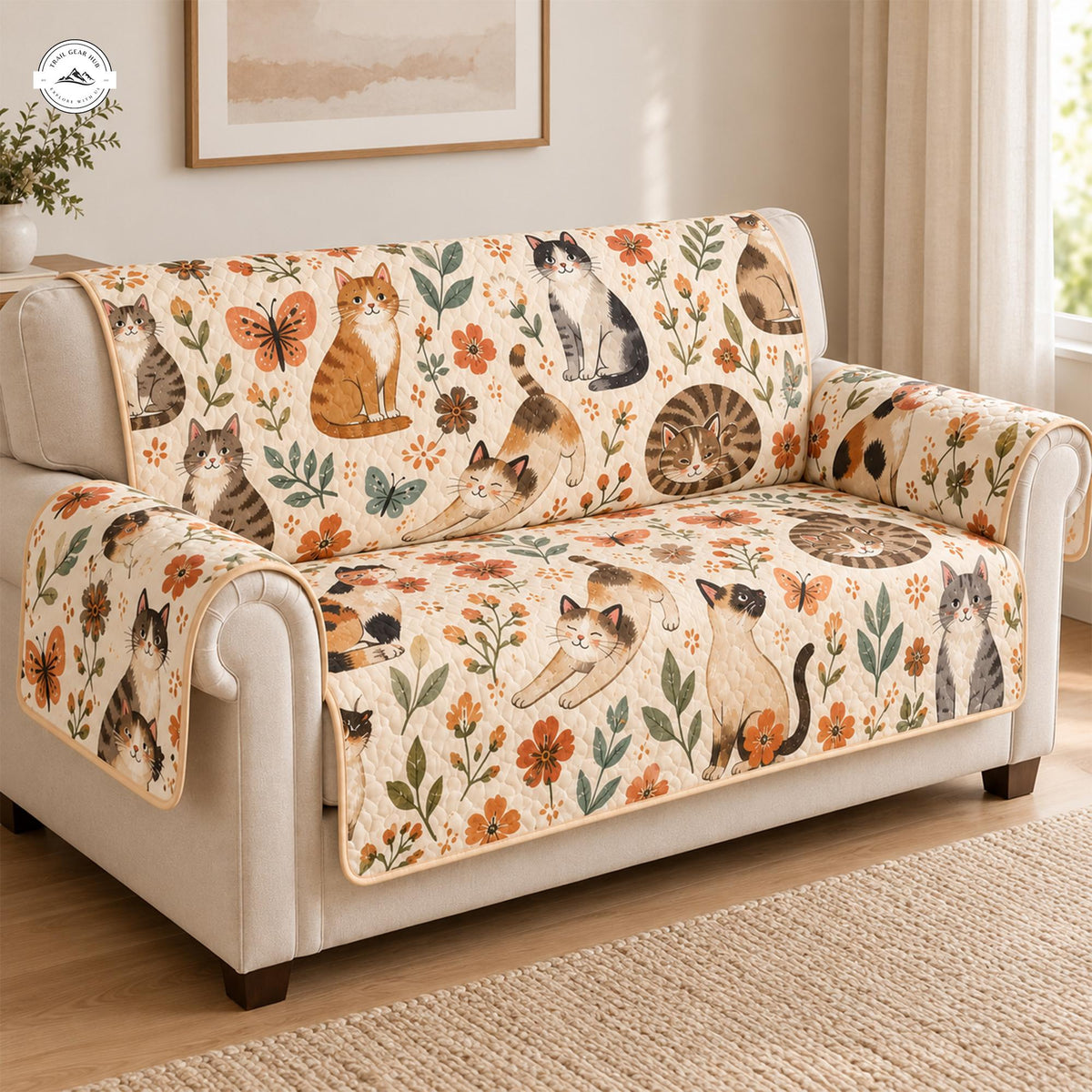 Cute Cat & Botanical Printed Quilted Seat Sofa LV134