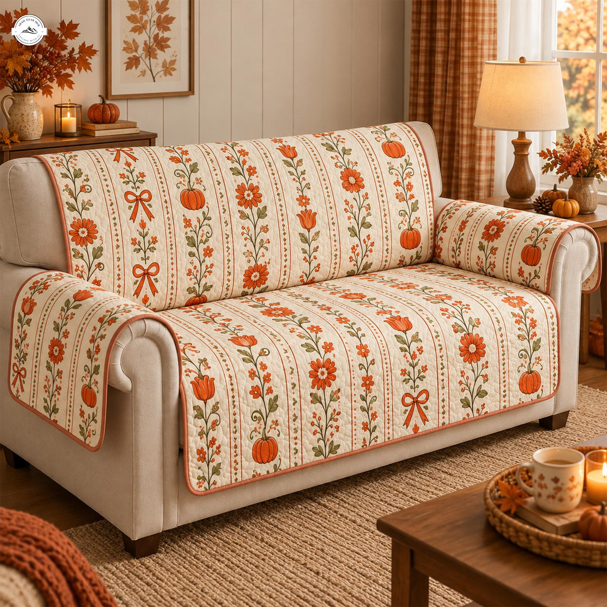 Autumn Floral & Pumpkin Quilted Seat Sofa LV164