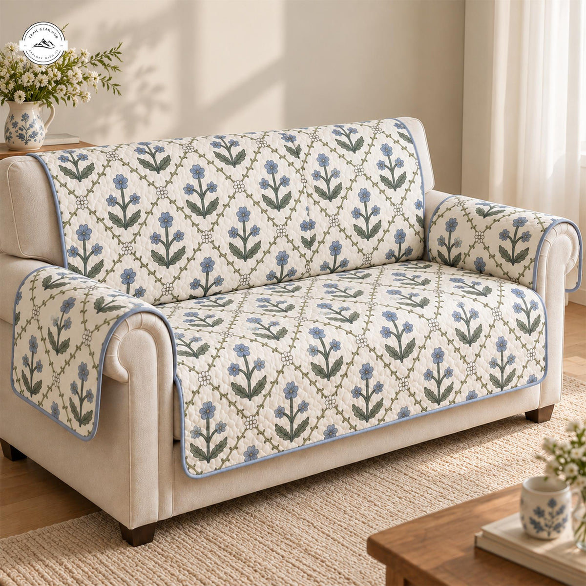 Vintage Blue Floral Quilted Seat Sofa LV192