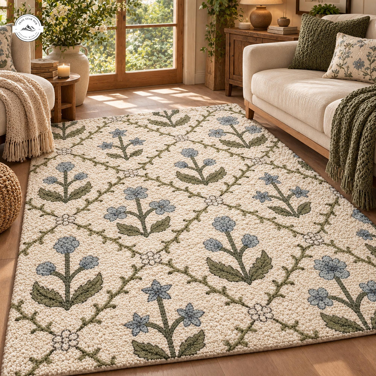Vintage Blue Floral Premium Faux Cashmere Area Rug LV192FCARUG