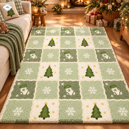 Festive Green Christmas Tree & Snowflake Premium Faux Cashmere Area Rug LV202FCARUG
