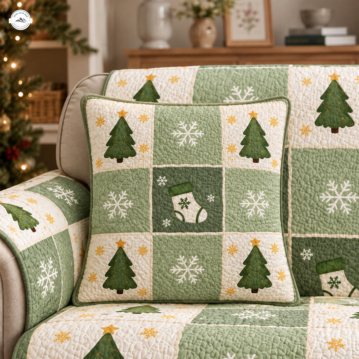 Festive Green Christmas Tree & Snowflake Quilted Pillow Cover LV202QLTPLC