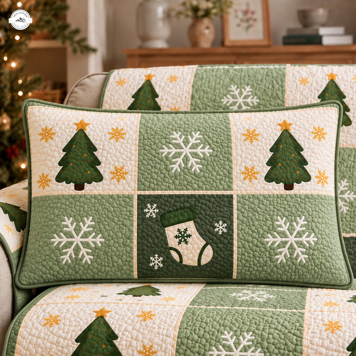 Festive Green Christmas Tree & Snowflake Quilted Pillow Cover LV202QLTPLC