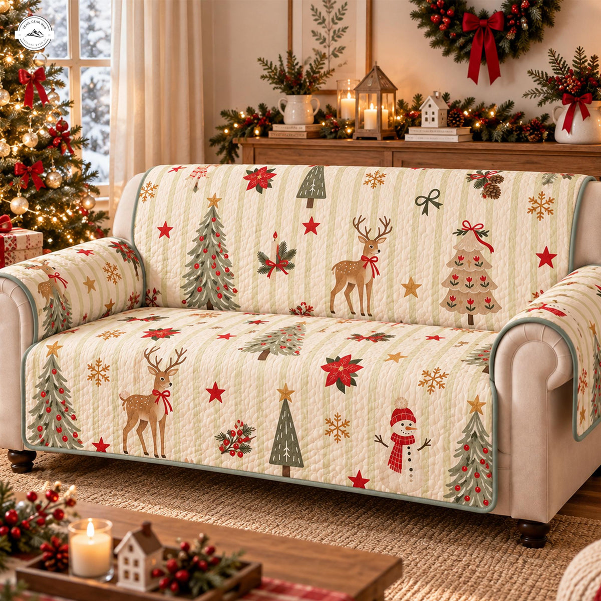Festive Holiday Reindeer and Christmas Tree Quilted Seat Sofa LV203