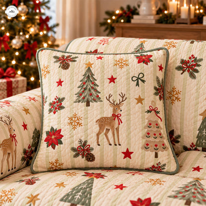 Festive Holiday Reindeer and Christmas Tree Quilted Pillow Cover LV203QLTPLC