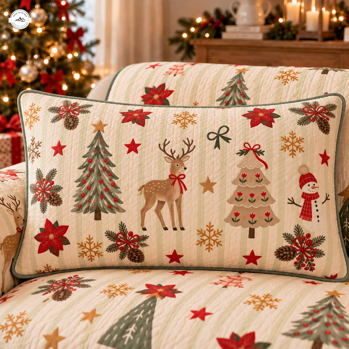 Festive Holiday Reindeer and Christmas Tree Quilted Pillow Cover LV203QLTPLC