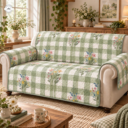 Green Buffalo Plaid and Wildflower Botanical Quilted Seat Sofa LV216