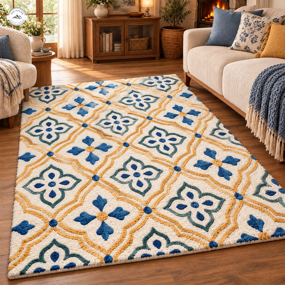 Blue & Yellow Floral Premium Faux Cashmere Area Rug LV222FCARUG