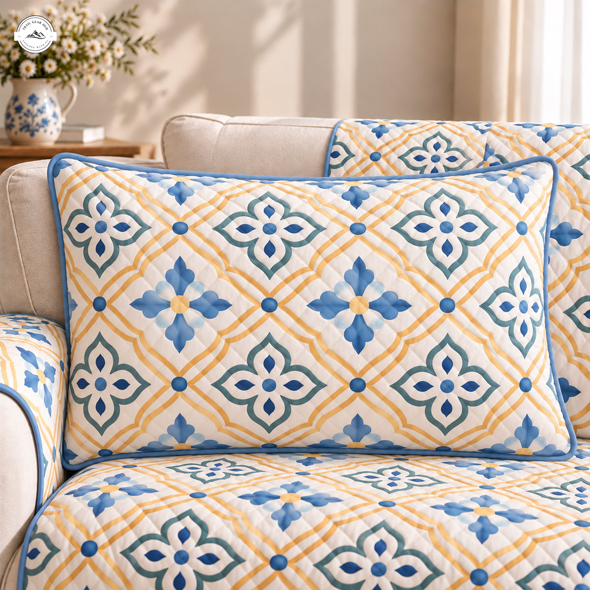 Blue & Yellow Floral Quilted Pillow Cover LV222QLTPLC
