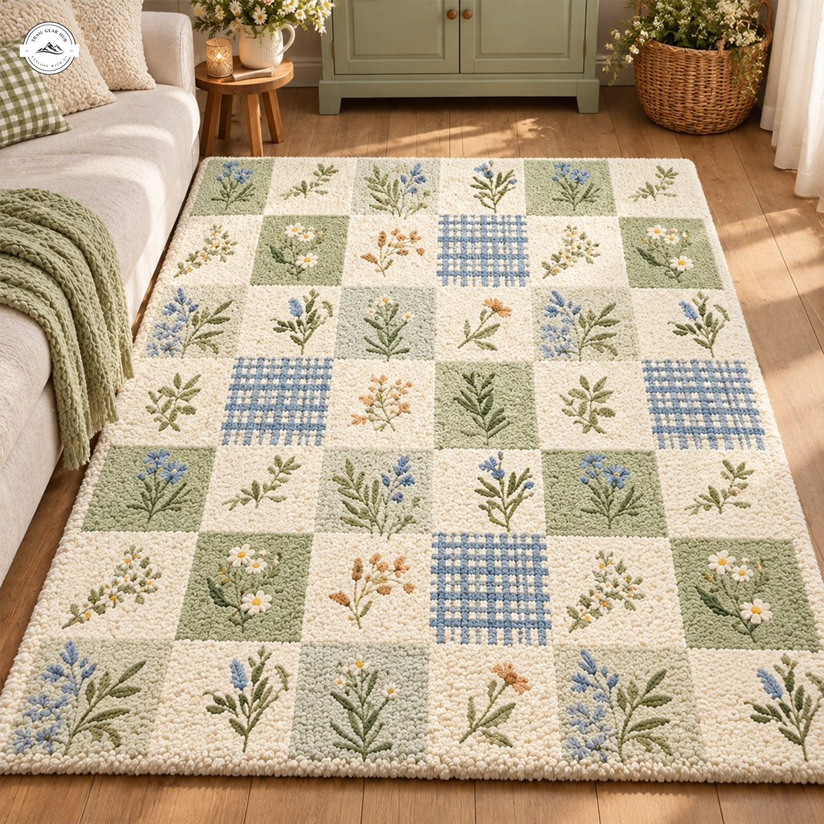 Green & Blue Patchwork Premium Faux Cashmere Area Rug LV223FCARUG