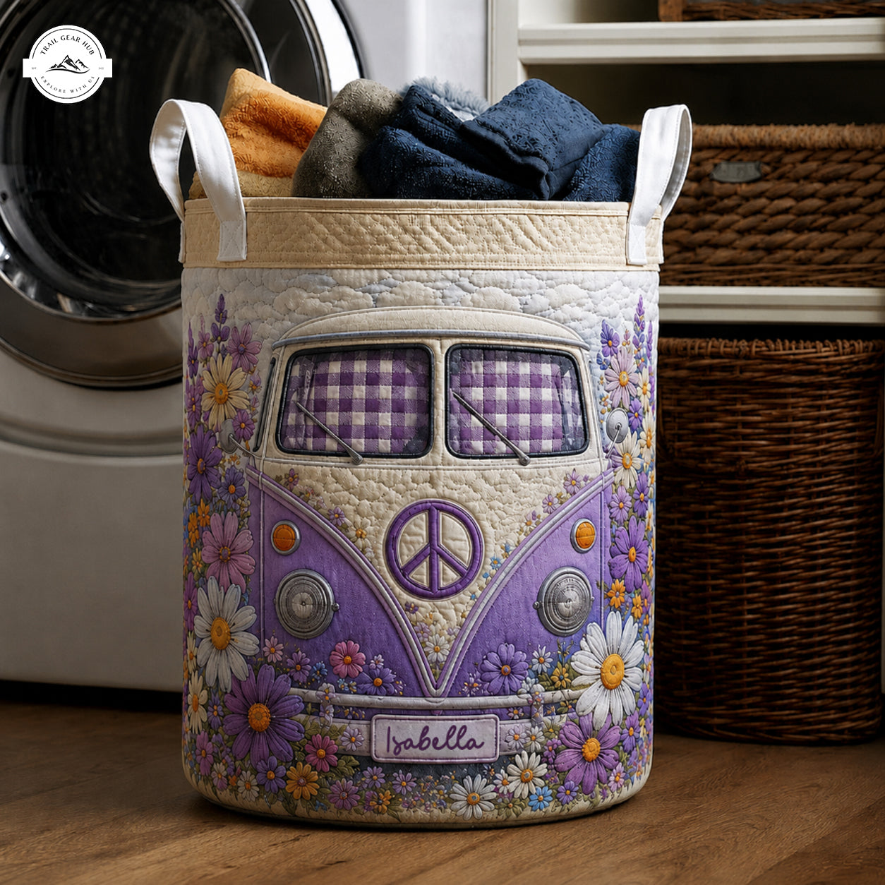 Purple Hippie Camper Van Personalized Quilted Laundry Basket LV06