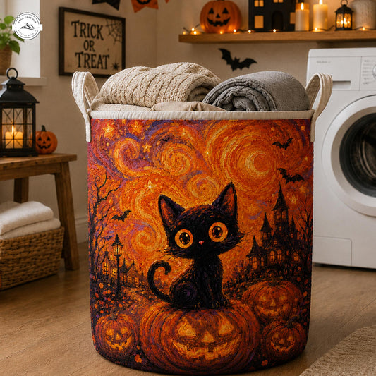 Spooky Black Cat & Pumpkin Quilted Laundry Basket LV49