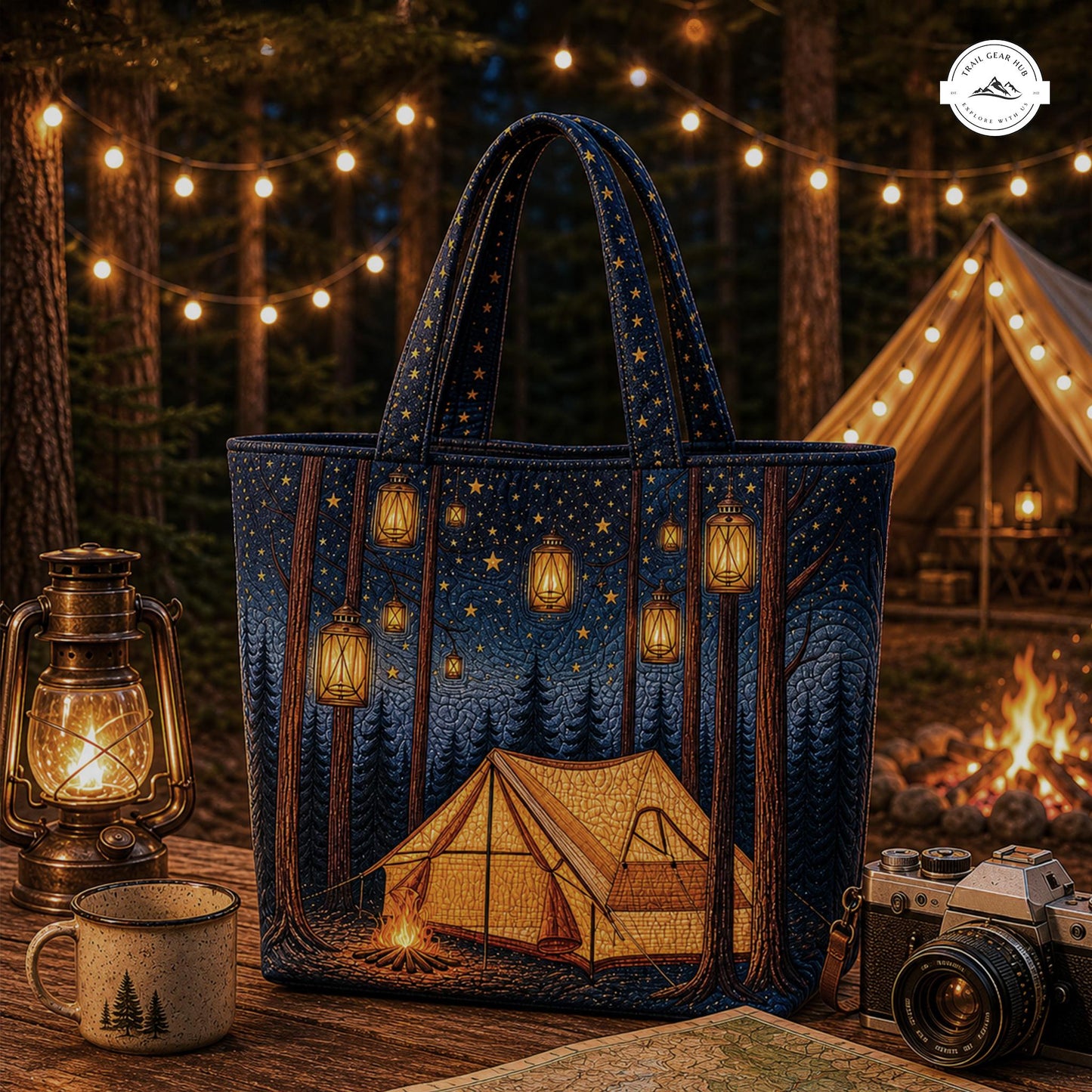 Camping Lantern Quilted Tote Bag LV05