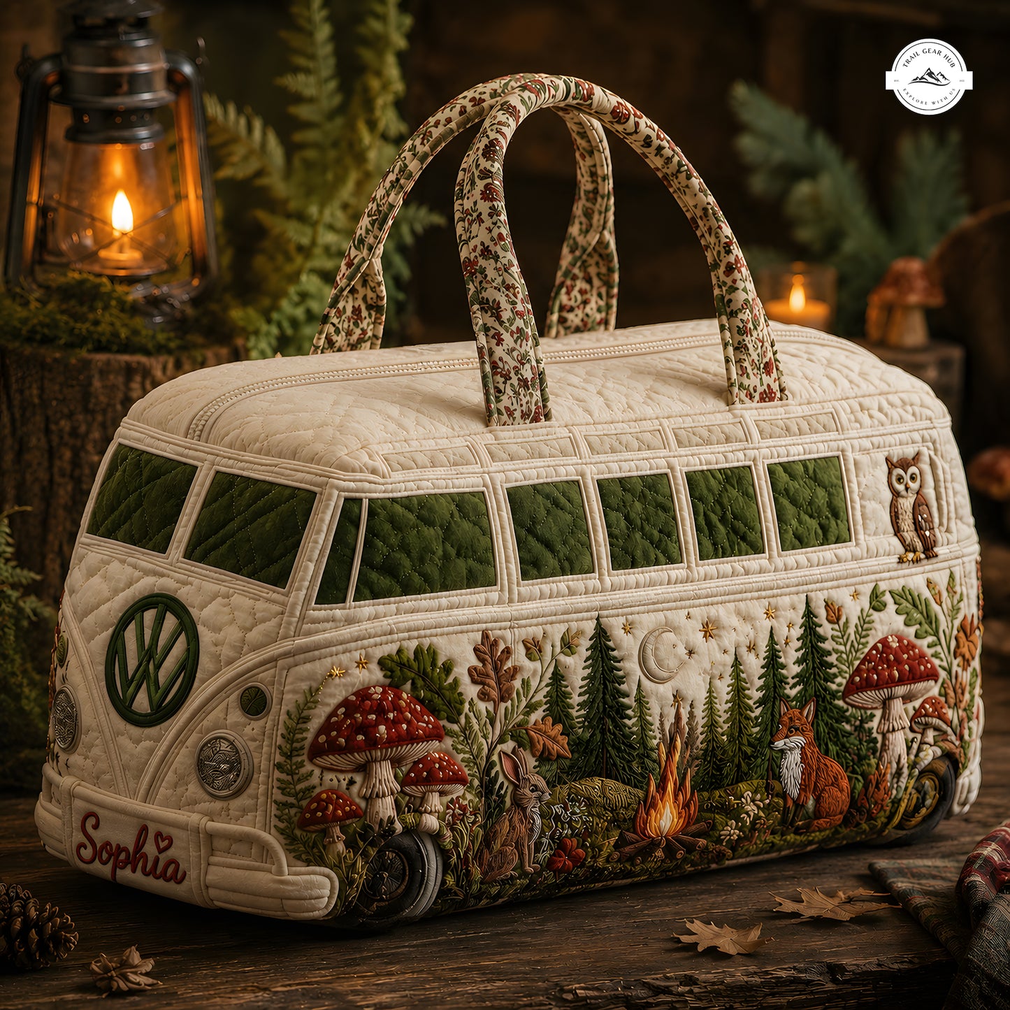 Woodland Mushroom Camper Van Personalized Quilted Duffle Bag LV05