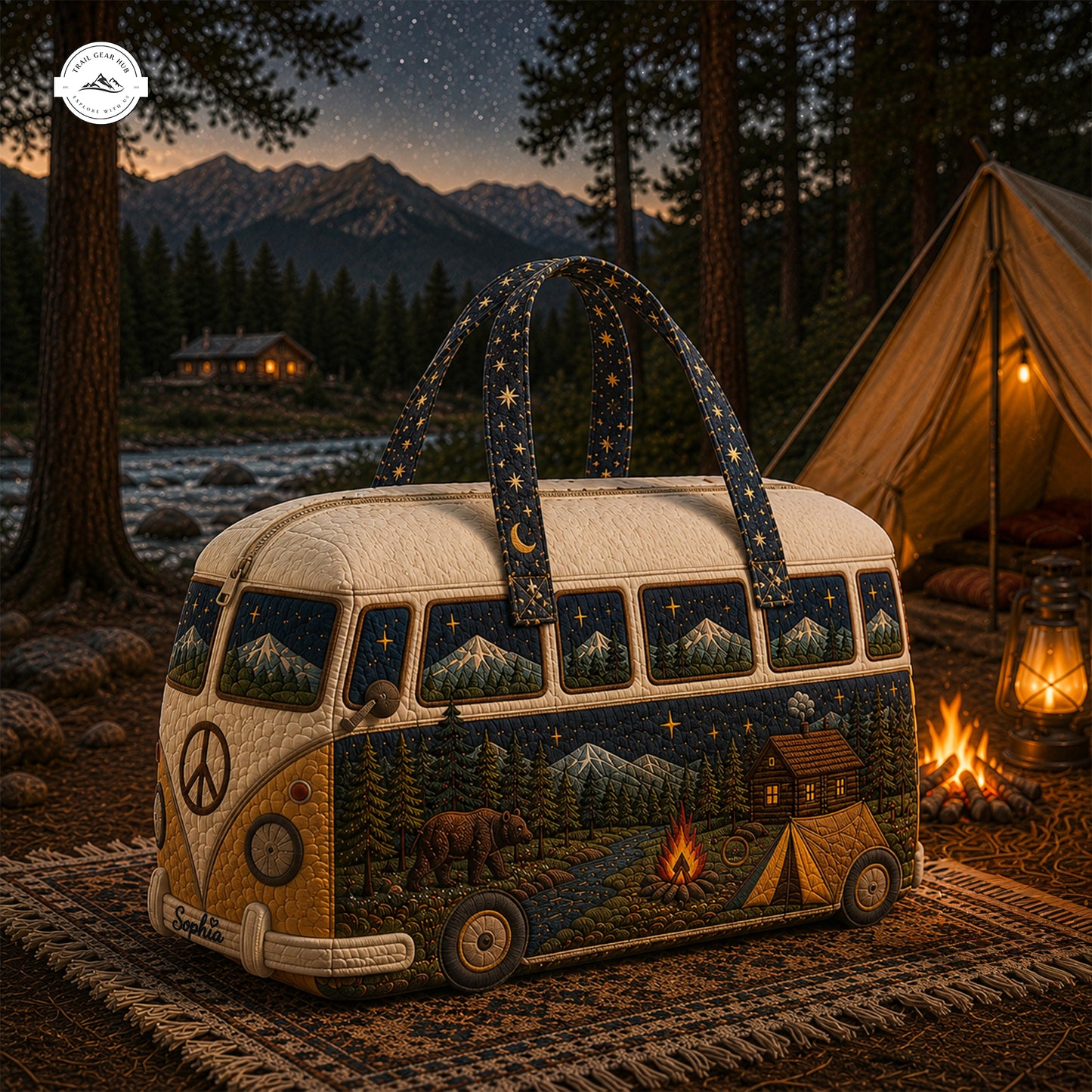 Night Mountain Camping Camper Van Personalized Quilted Duffle Bag LV06