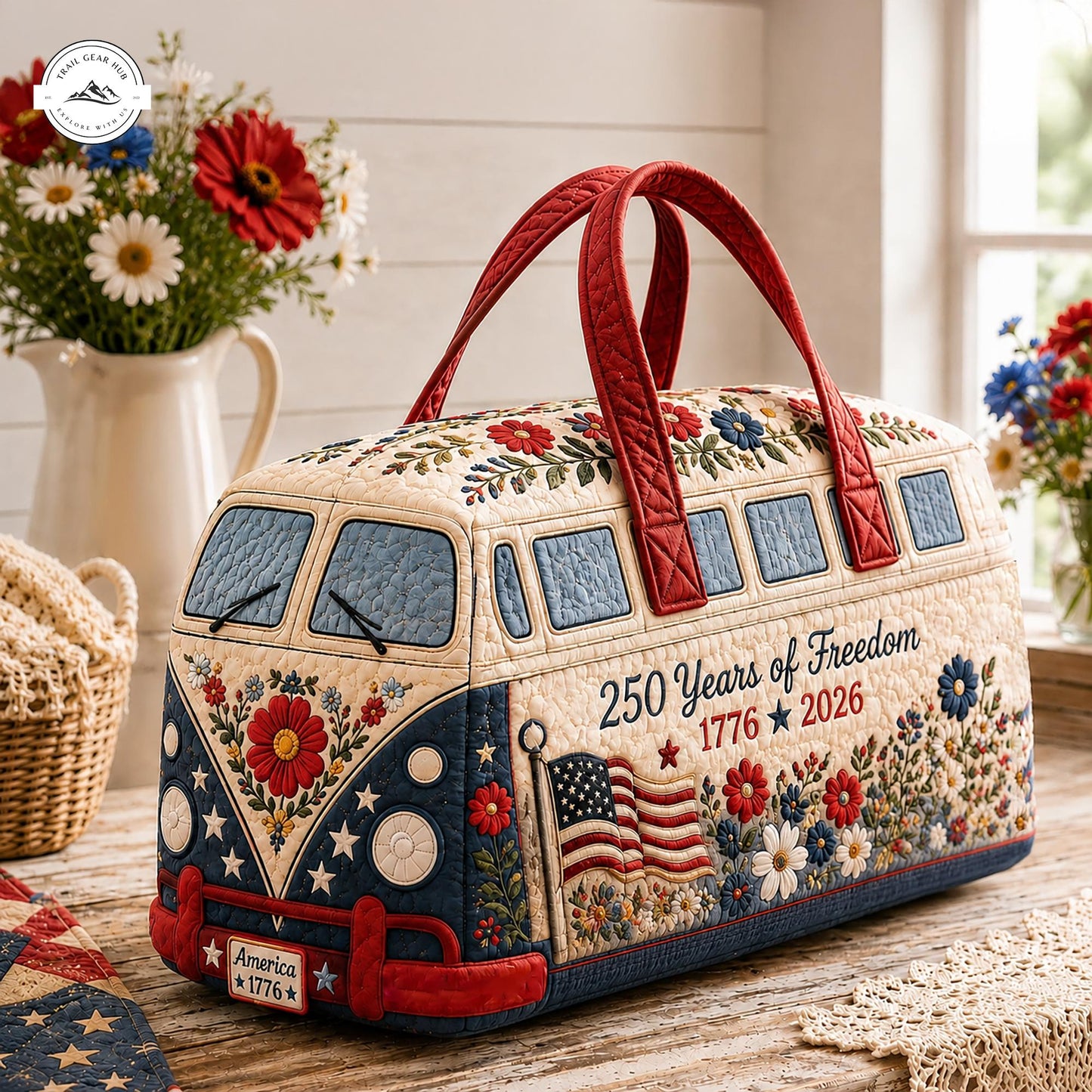 America 250 Years of Freedom Patriotic Floral Camper Van Quilted Duffle Bag LV18