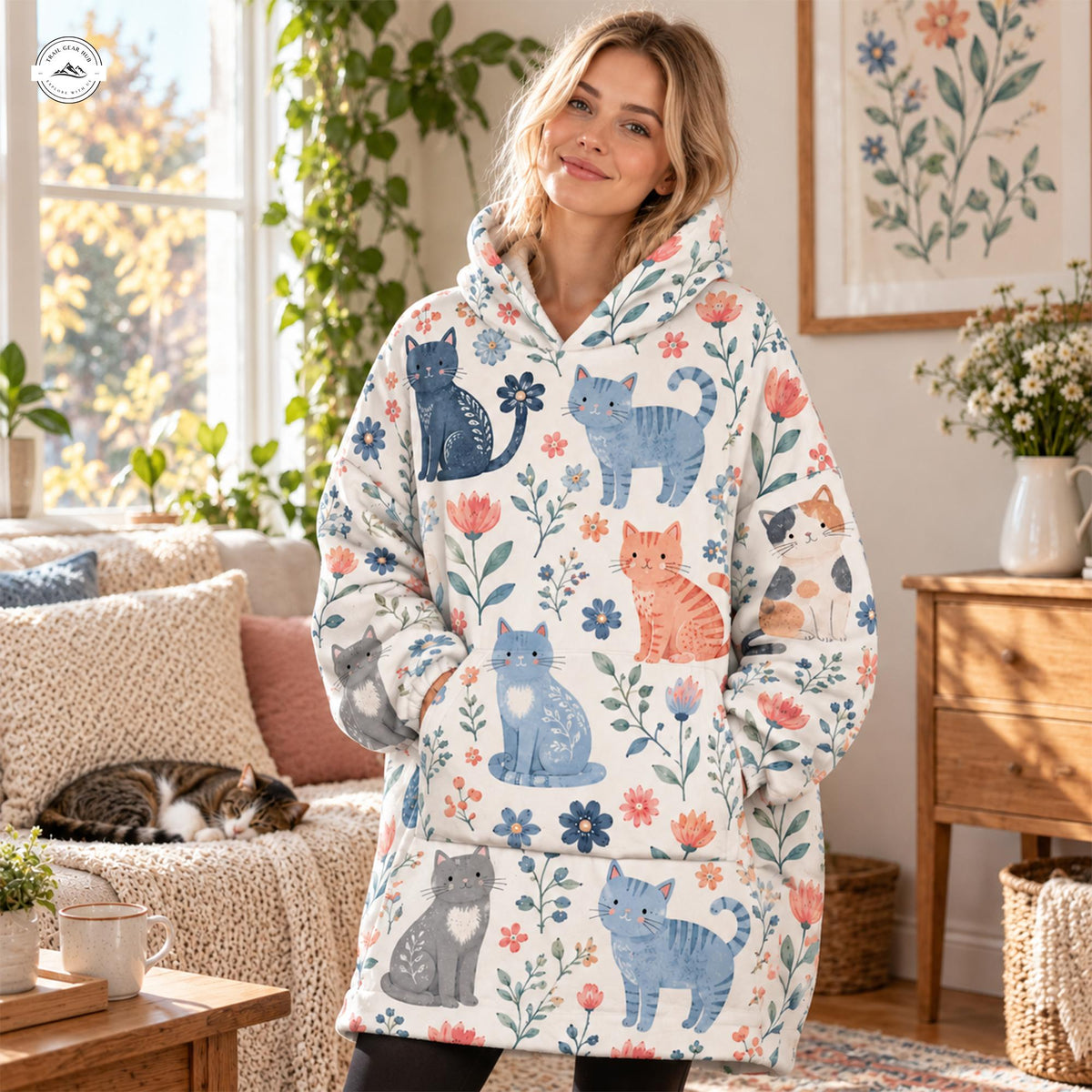 Cute Floral & Cat Pattern Snug Hoodie LV13