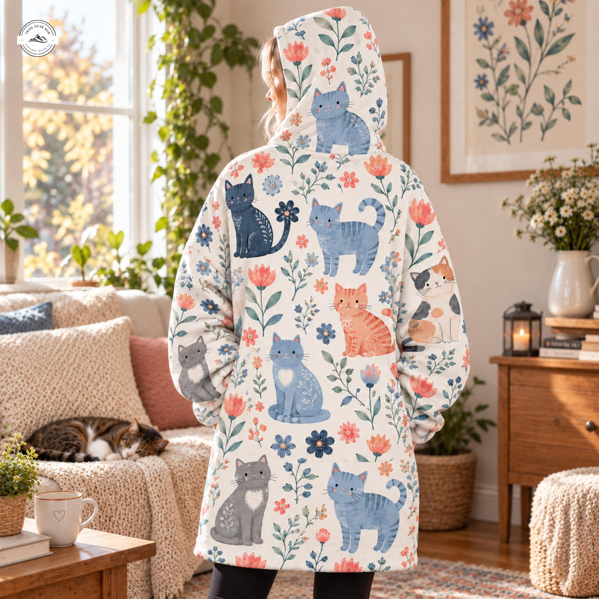 Cute Floral & Cat Pattern Snug Hoodie LV13
