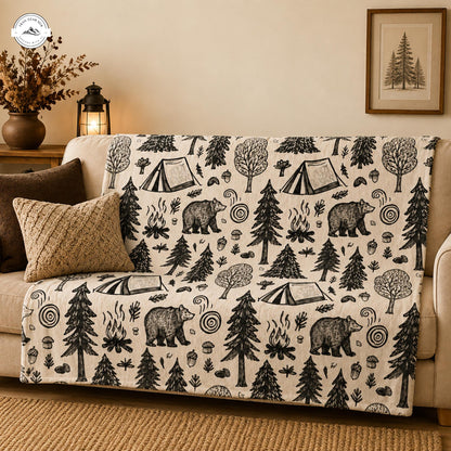 Black and White Camping Sherpa Blanket LV09
