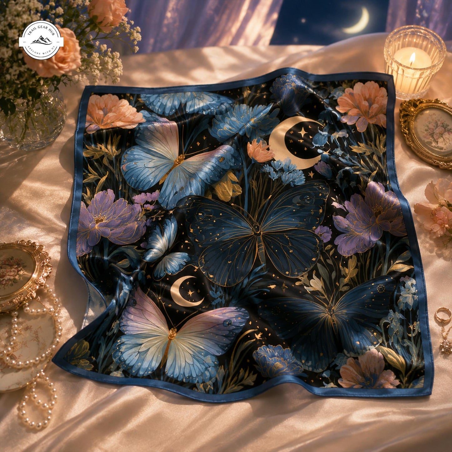 Butterfly Floral Satin Square Scarf LV05
