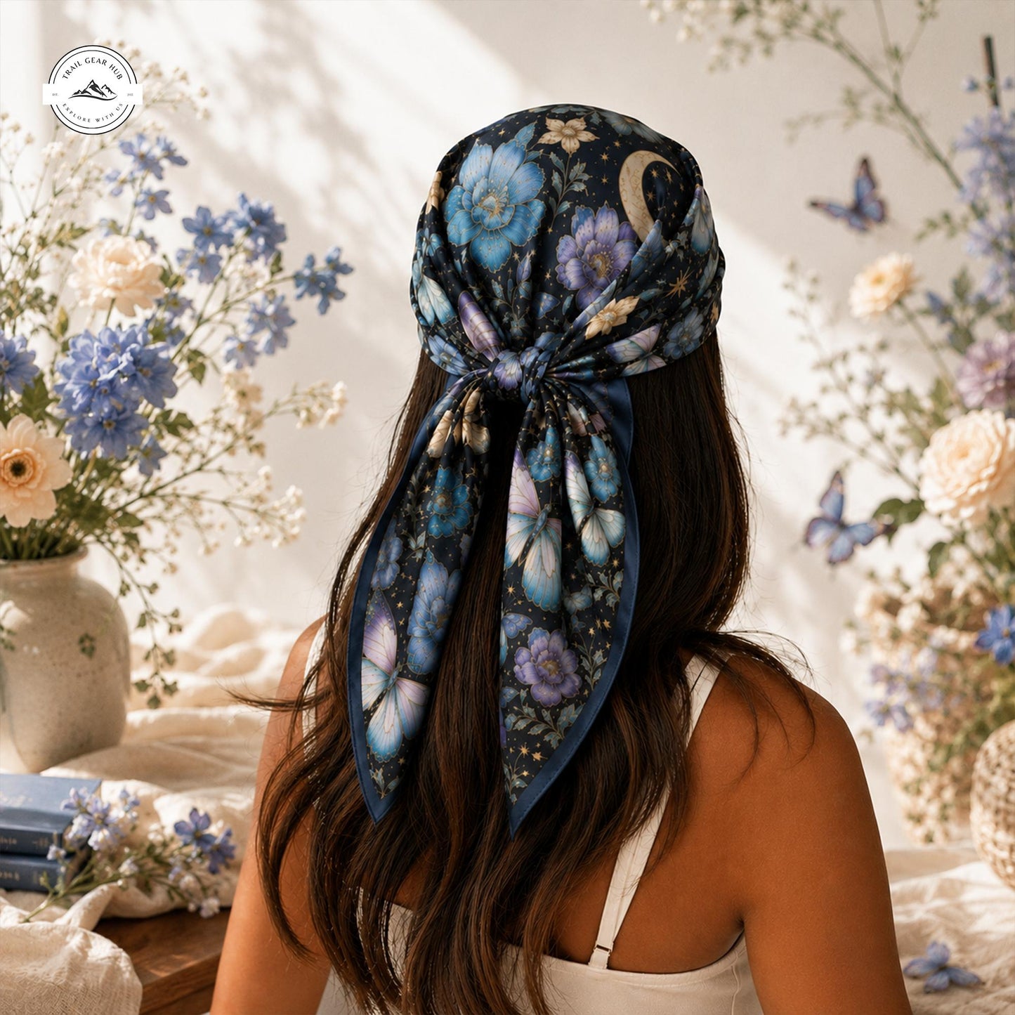Butterfly Floral Satin Square Scarf LV05
