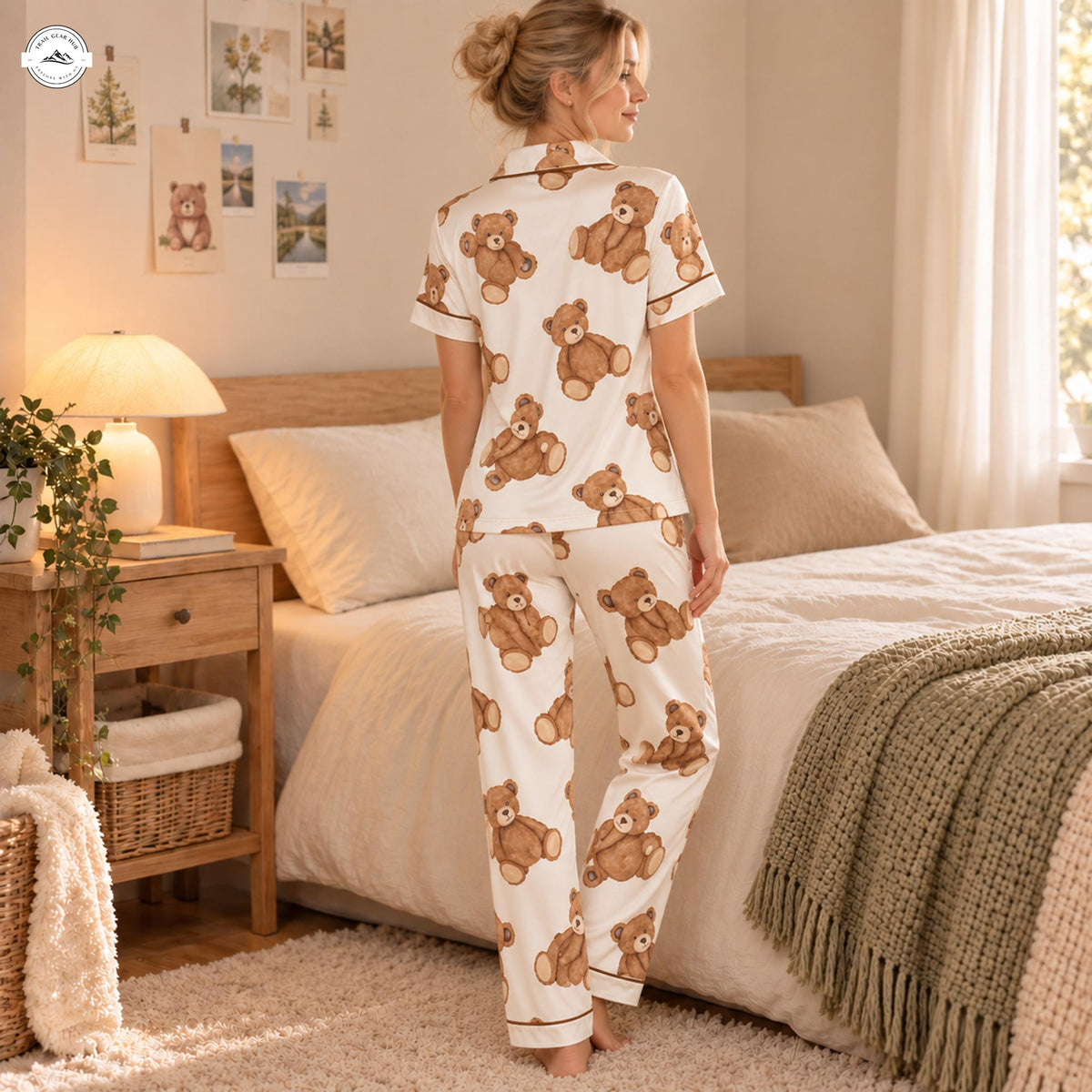 Cute Teddy Bear Pattern Women Satin Pajama Short Sleeves Long Pants LV05