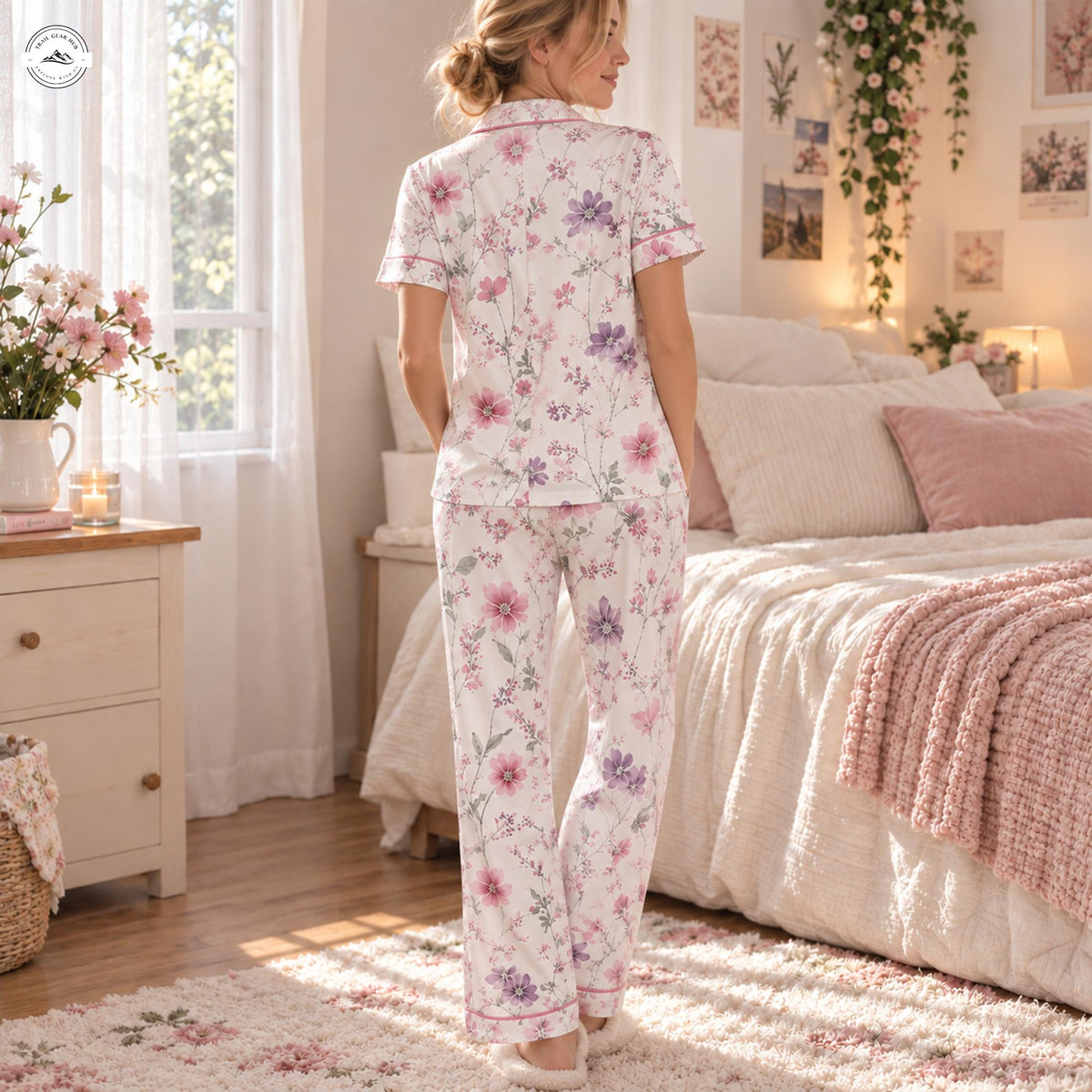 Lavender & Pink Floral Women Satin Pajama Short Sleeves Long Pants LV06