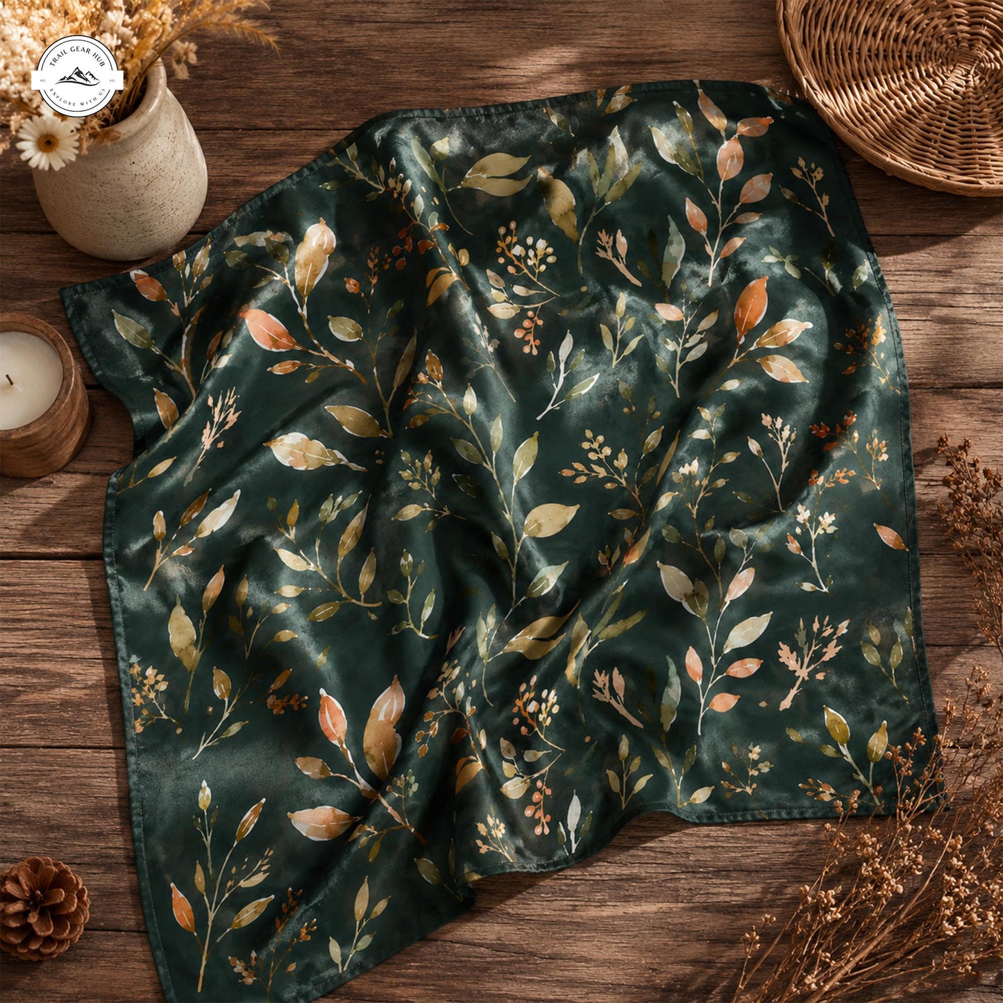 Forest Green Botanical Satin Square Scarf LV08SSBD
