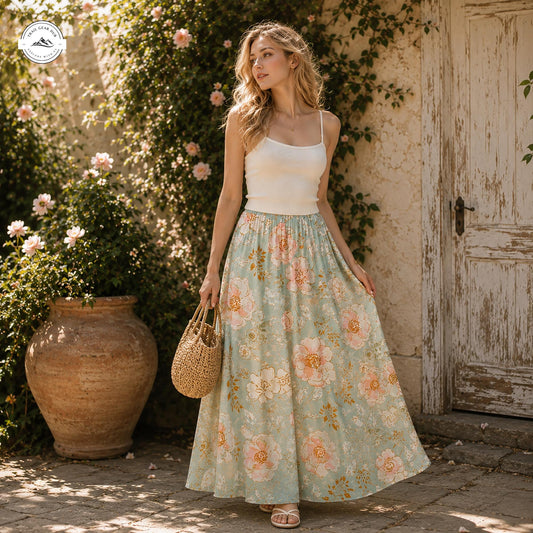 Romantic Cottagecore Floral Women's Maxi Chiffon Skirts With Lining LV04