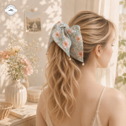 Romantic Cottagecore Floral Satin Pearl Hair Tie LV04SPHT