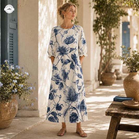 Blue Floral Print Women's Mid Length Sleeve Dress LV07