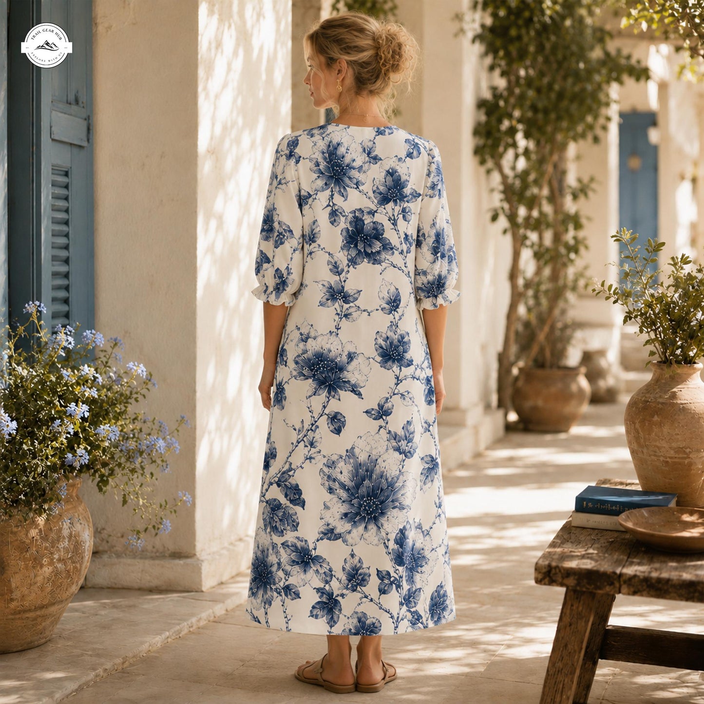 Blue Floral Print Women's Mid Length Sleeve Dress LV07
