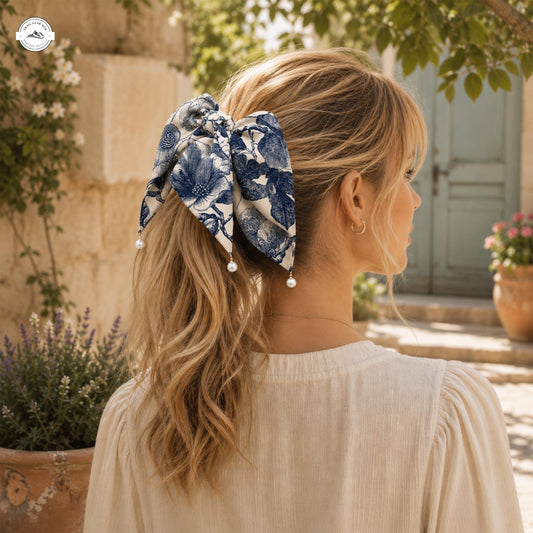 Blue Floral Print Satin Pearl Hair Tie LV07SPHT