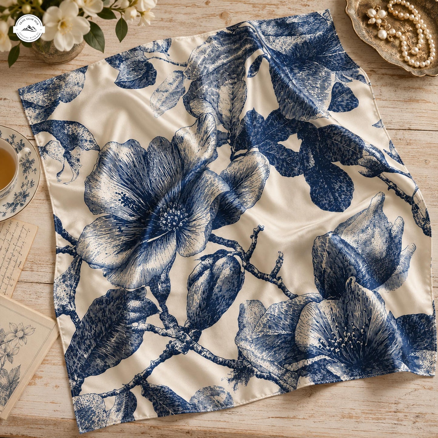 Blue Floral Print Satin Square Scarf LV07SSBD