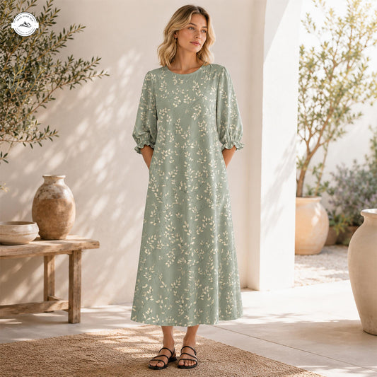 Sage Green Floral Women's Mid Length Sleeve Dress LV08