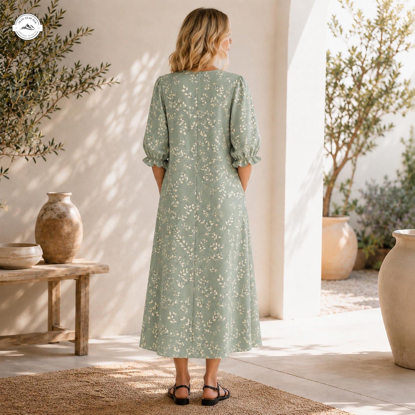 Sage Green Floral Women's Mid Length Sleeve Dress LV08