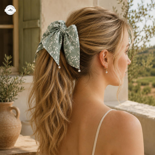 Sage Green Floral Satin Pearl Hair Tie LV08SPHT