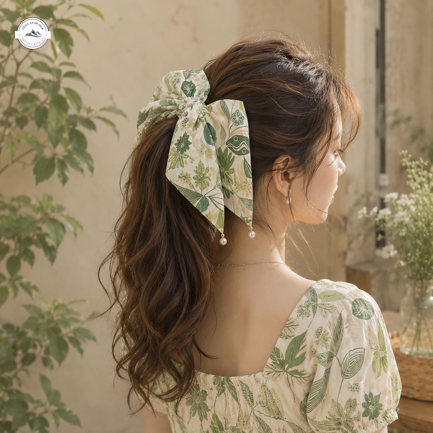 Elegant Leaf Pattern Satin Pearl Hair Tie LV05SPHT