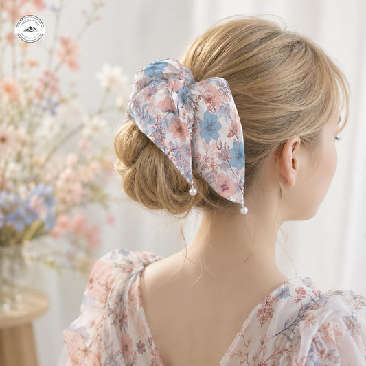 Elegant Floral Satin Pearl Hair Tie LV06SPHT