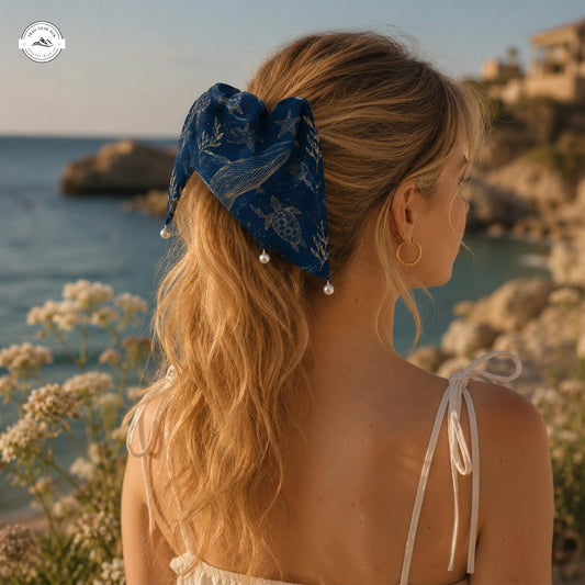 Navy Blue Whale & Sea Turtle Satin Pearl Hair Tie LV09SPHT