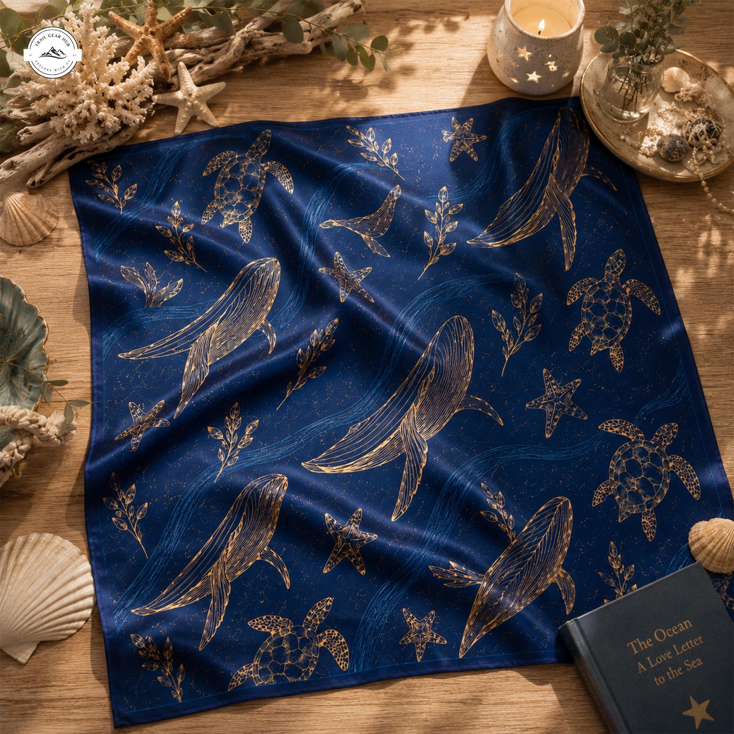 Navy Blue Whale & Sea Turtle Satin Square Scarf LV09SSBD