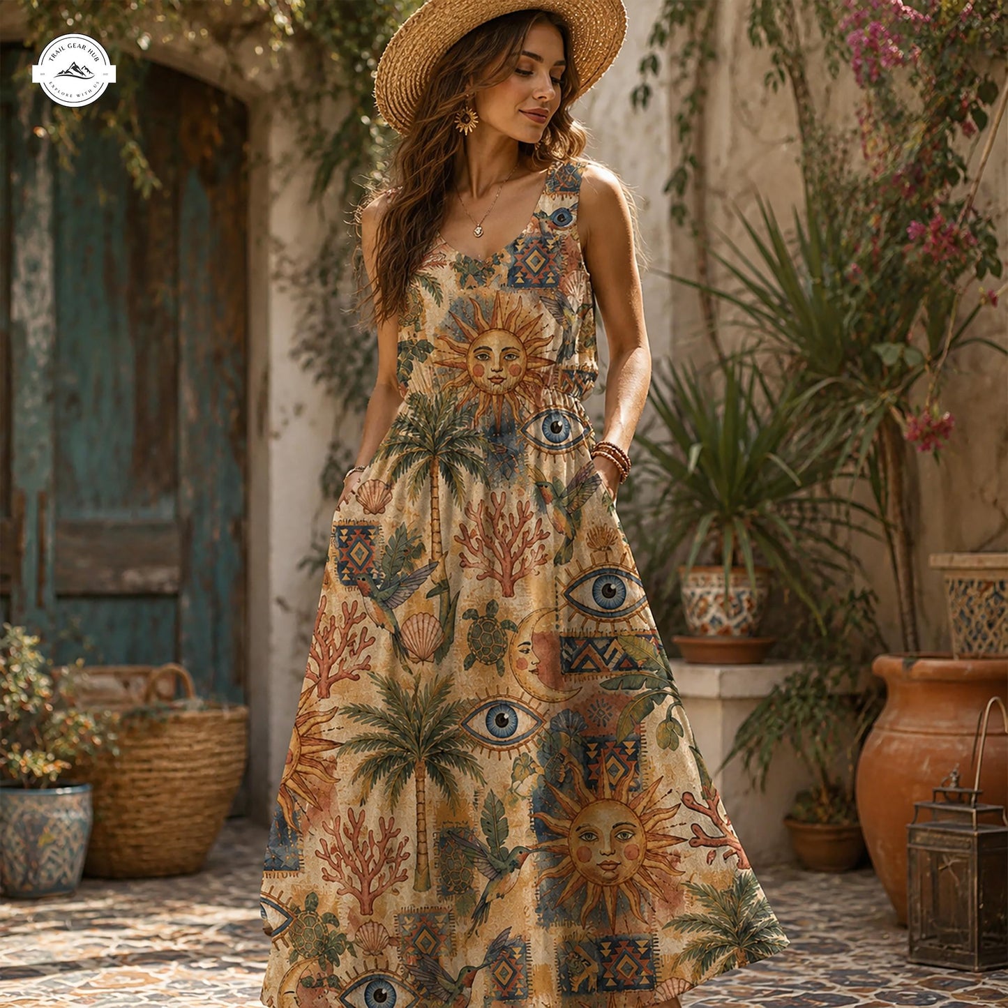 Boho Sun and Evil Eye Women’s Sleeveless Maxi Dress LV03