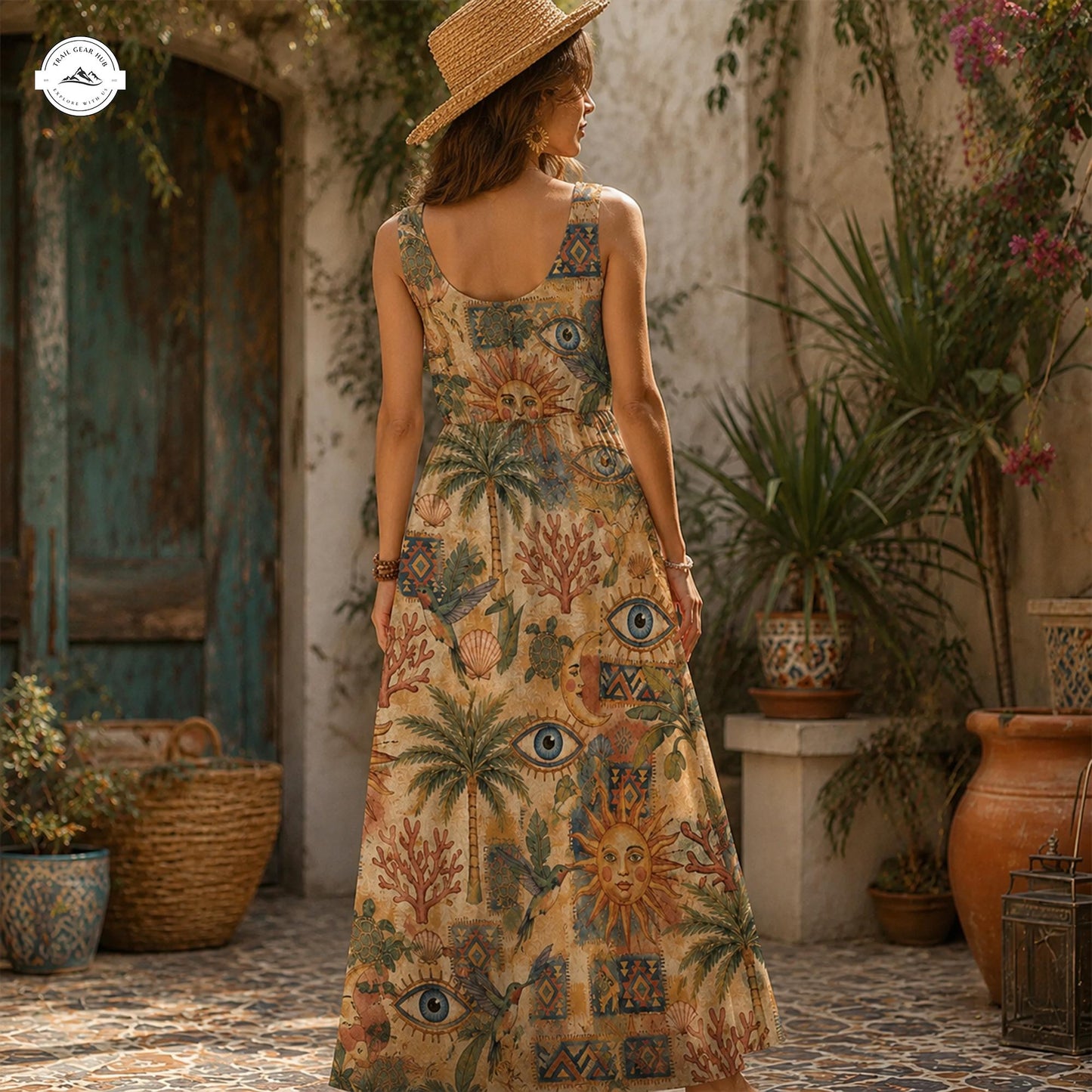 Boho Sun and Evil Eye Women’s Sleeveless Maxi Dress LV03