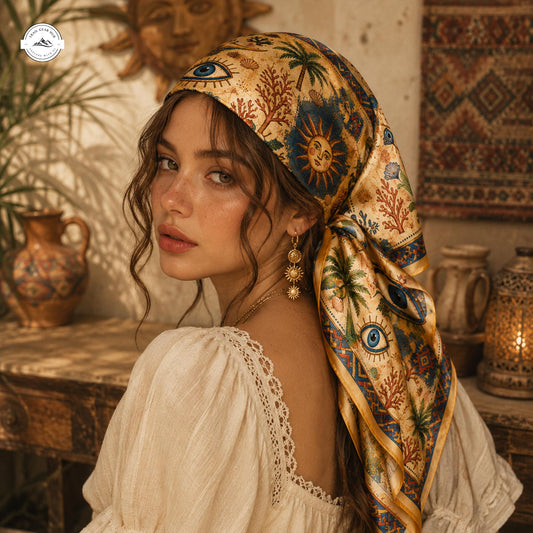 Boho Sun and Evil Eye Satin Square Scarf LV03SSBD