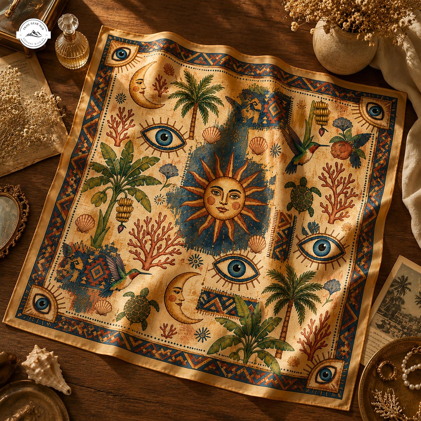 Boho Sun and Evil Eye Satin Square Scarf LV03SSBD